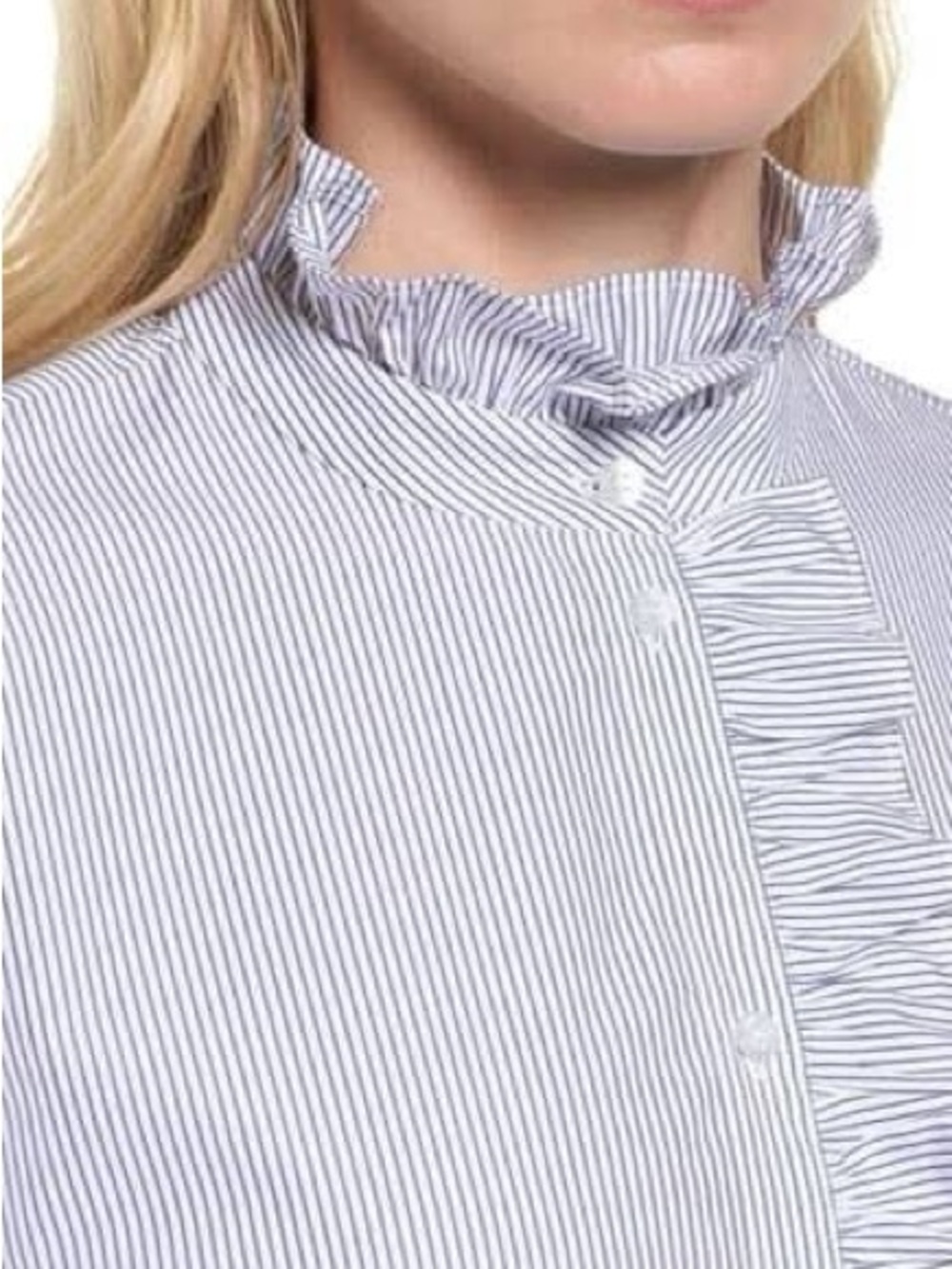 NWT Nordstrom Signature Blue Striped Ruffle Button-Down Blouse Long Sleeve Small - Picture 2 of 14